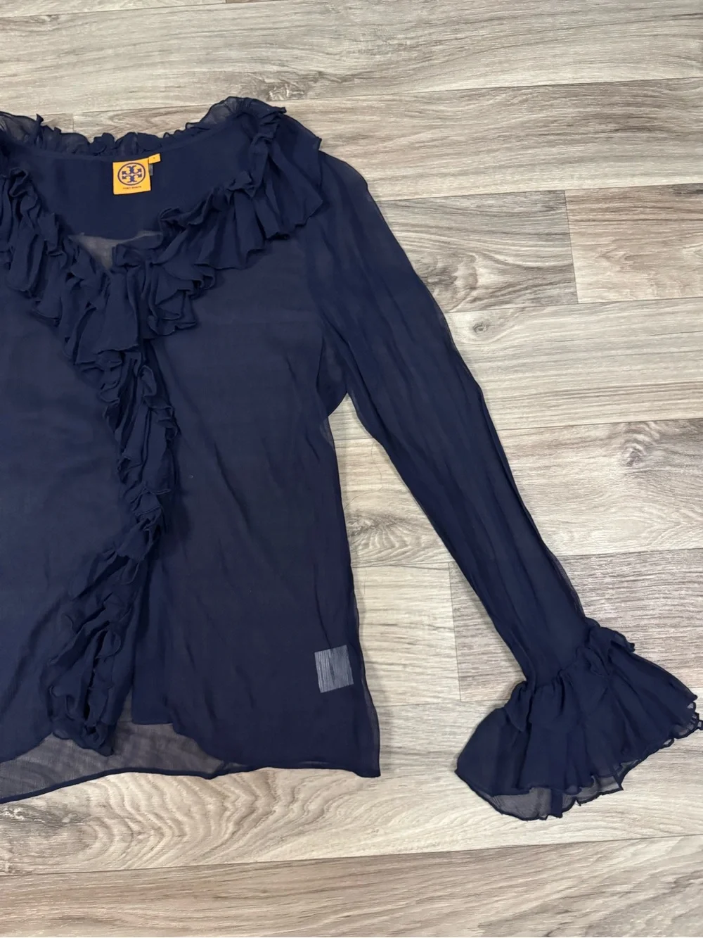 Tory Burch 100% Silk Sheer Ruffle-Trim Button Front Blouse in Navy Blue Size 8